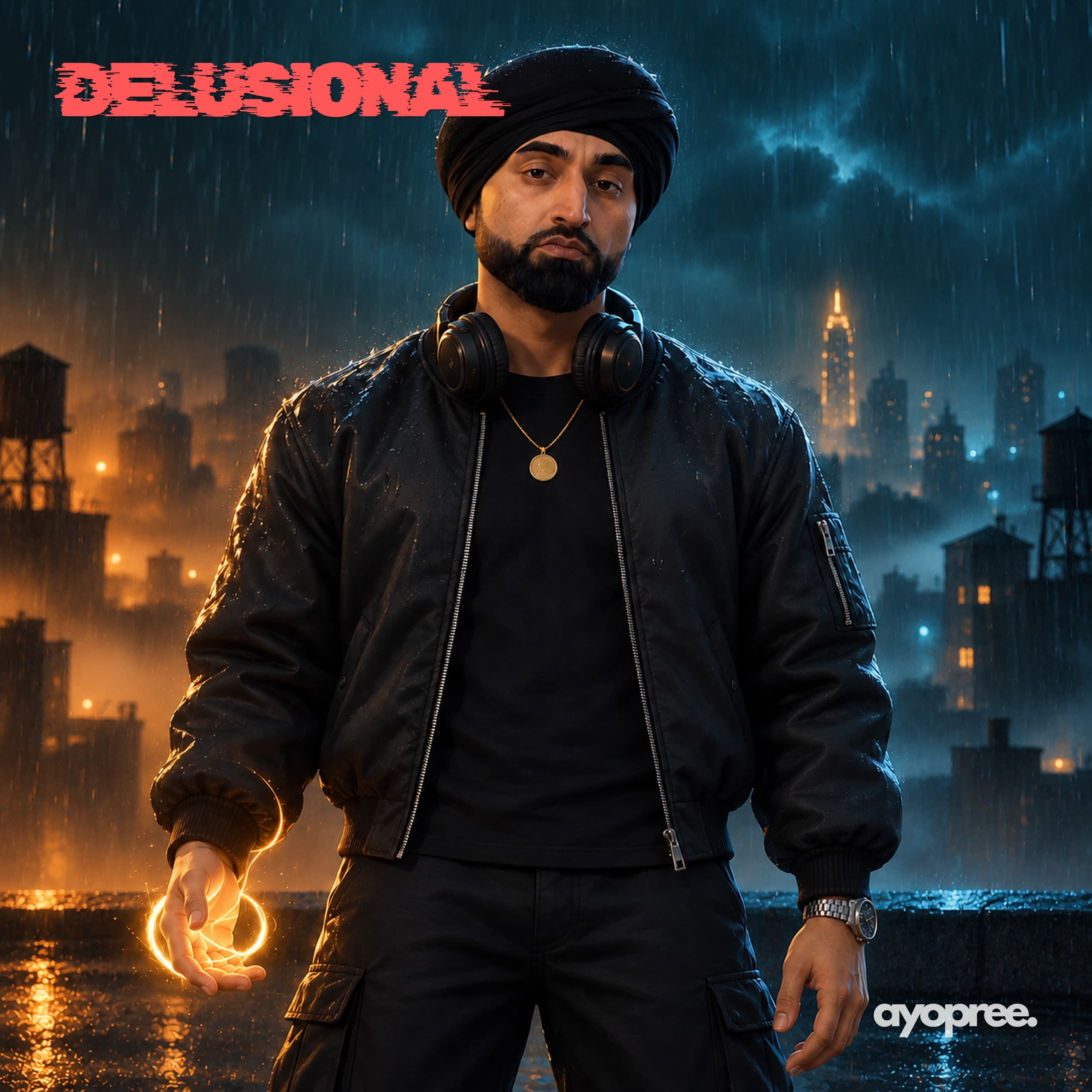 Delusional album cover, Pree Mayall in a rainy city at night